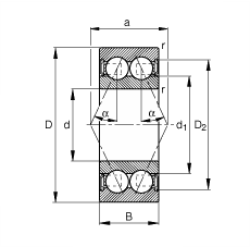 角接觸球軸承 3807-B-2RSR-TVH, 雙列，雙側(cè)唇密封，接觸角 α = 25°